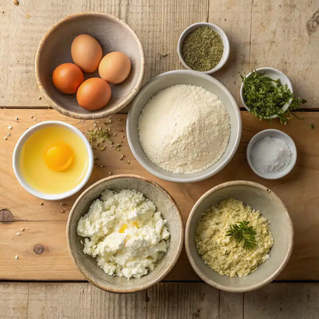 Small bowls with cottage cheese, eggs, flour, and seasonings on a wooden surface