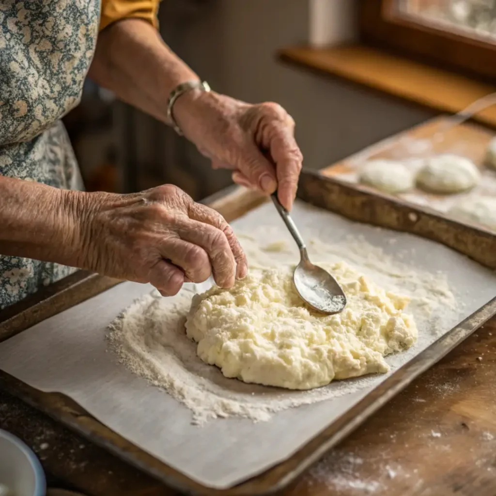 Pressing cottage cheese dough onto parchment with a spoon