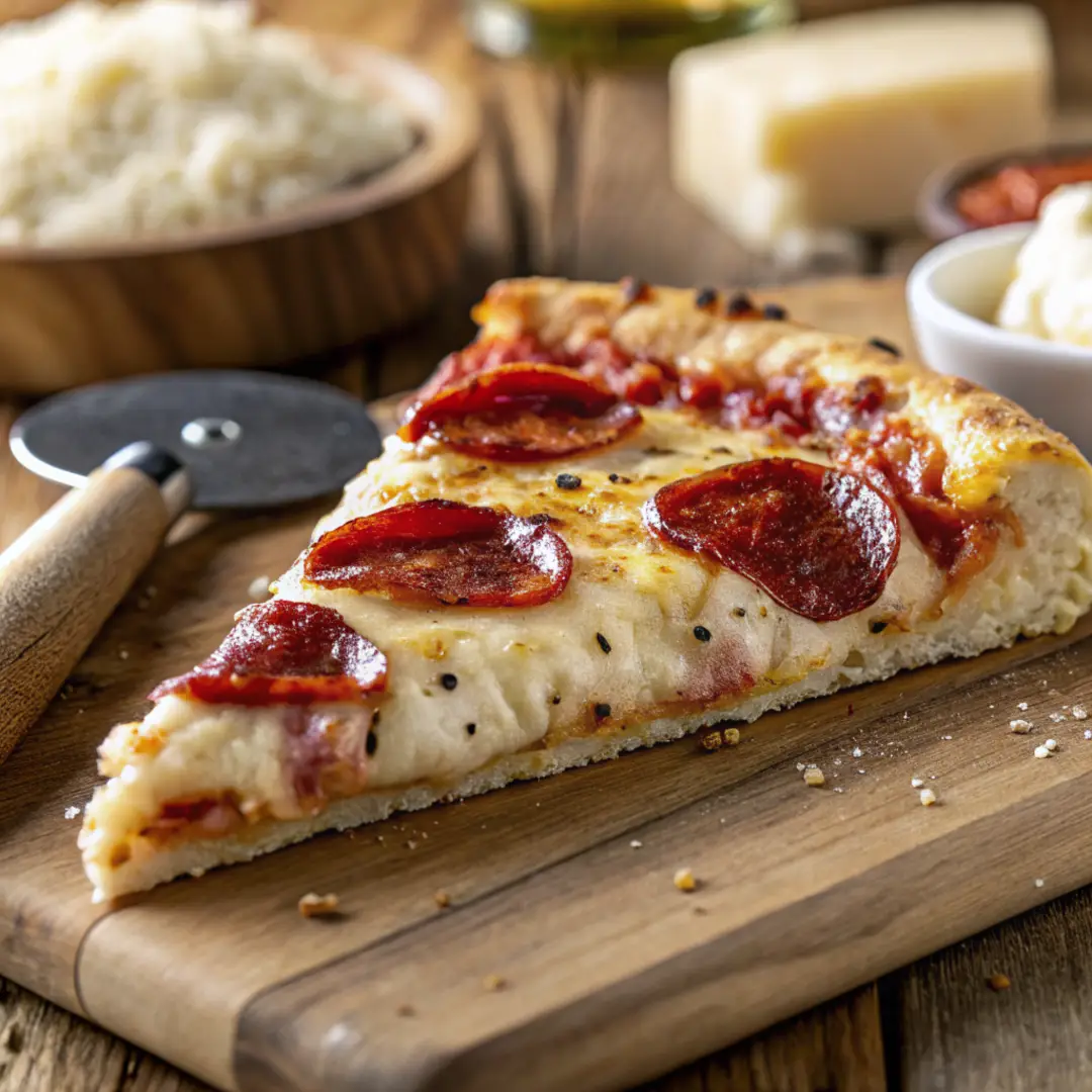 Sliced cottage cheese pizza crust with melted cheese