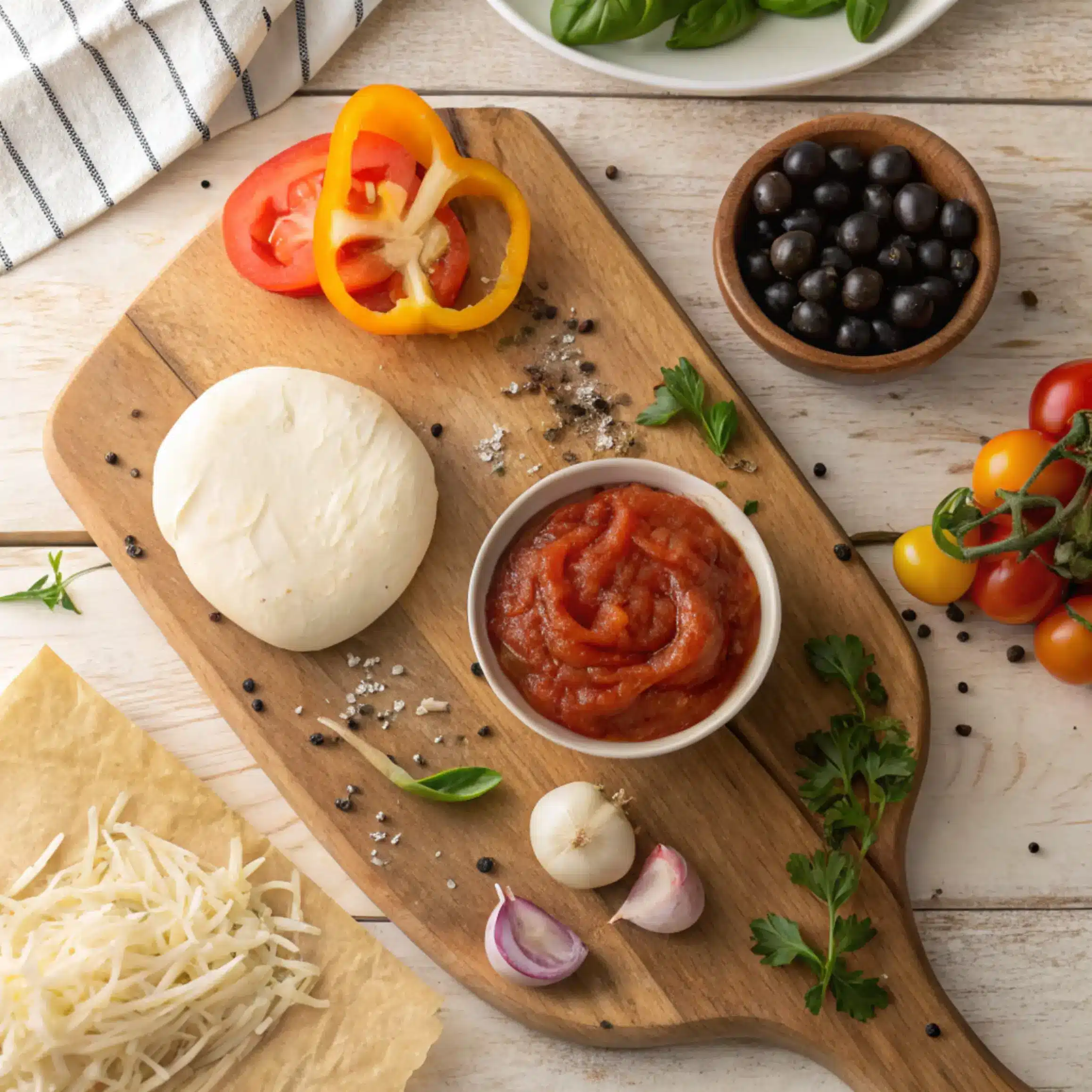 Ingredients for crustless pizza recipe on rustic wooden board