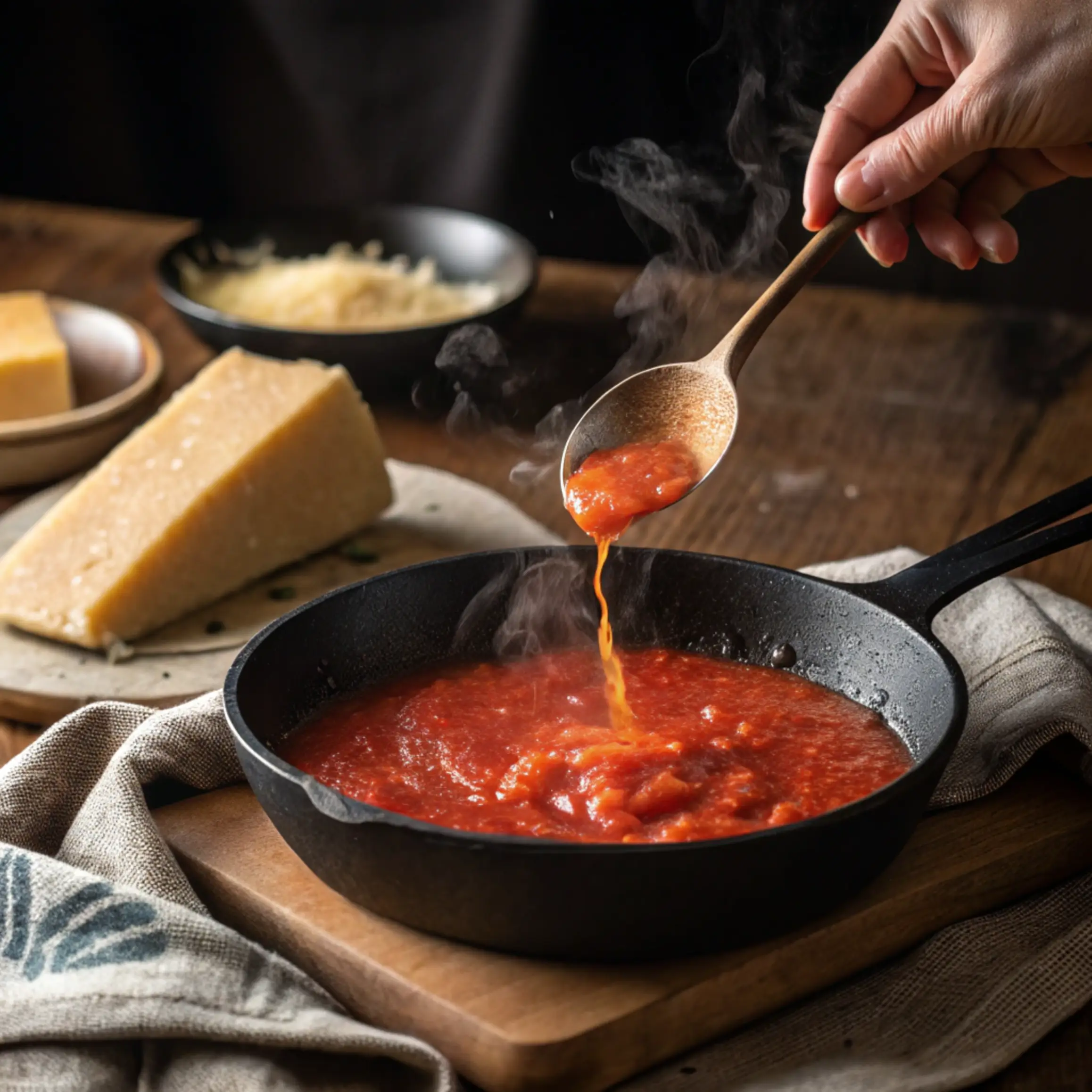 Crustless pizza recipe being prepared in hot cast iron skillet