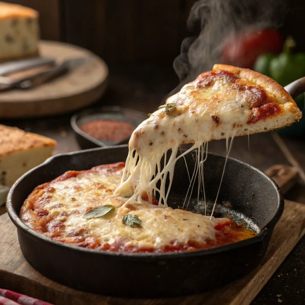 Slice of crustless pizza recipe being lifted with melty cheese