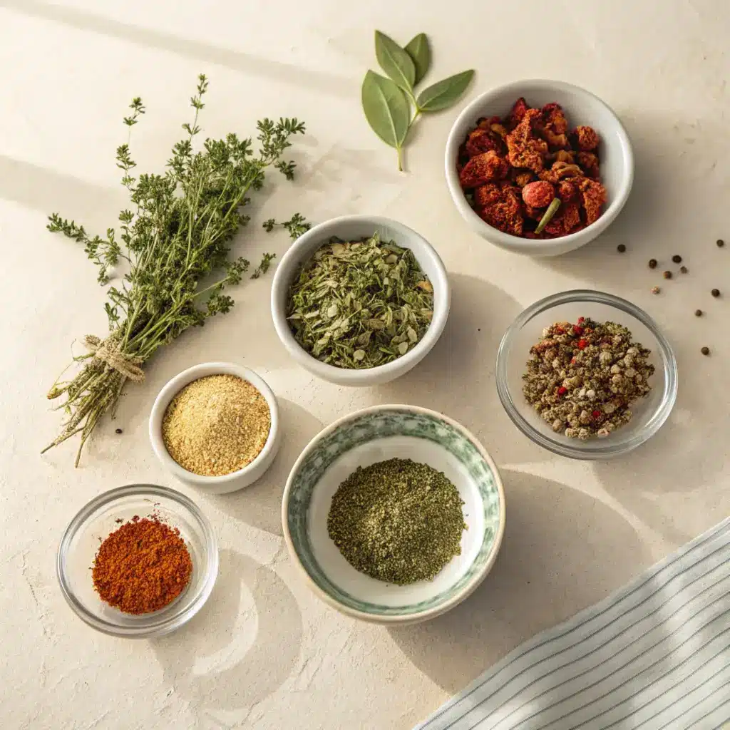 Dried herbs for pizza seasoning in small bowls
