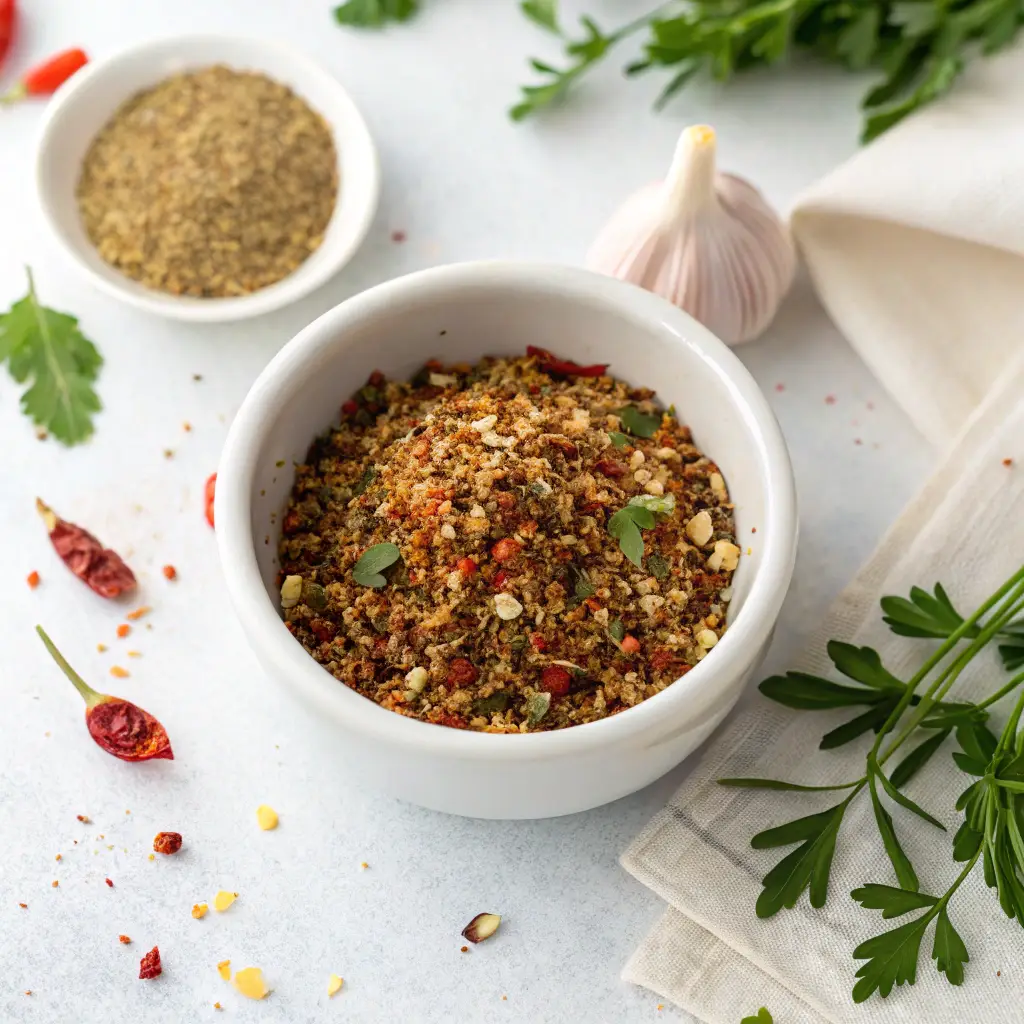 Mixed herbs in a small white bowl for pizza seasoning