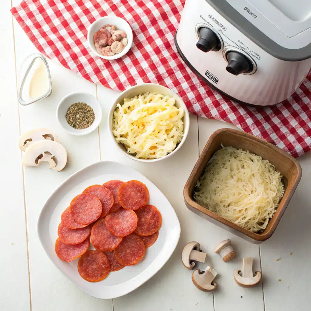 Ingredients for air fryer frozen pizza including frozen pizza and toppings