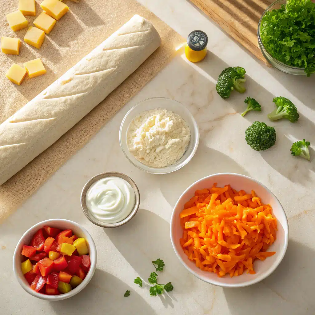 Ingredients for making cold veggie pizza arranged neatly