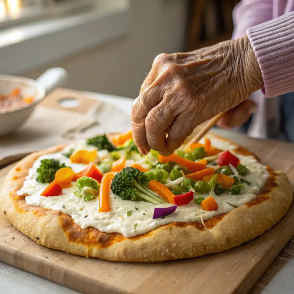 Assembling cold veggie pizza with creamy spread and veggies