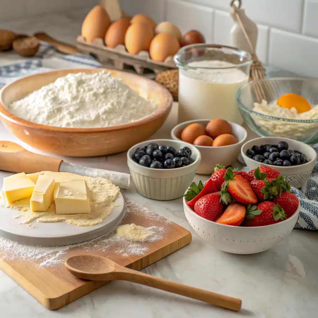 Ingredients for fruit pizza recipe on a kitchen counter