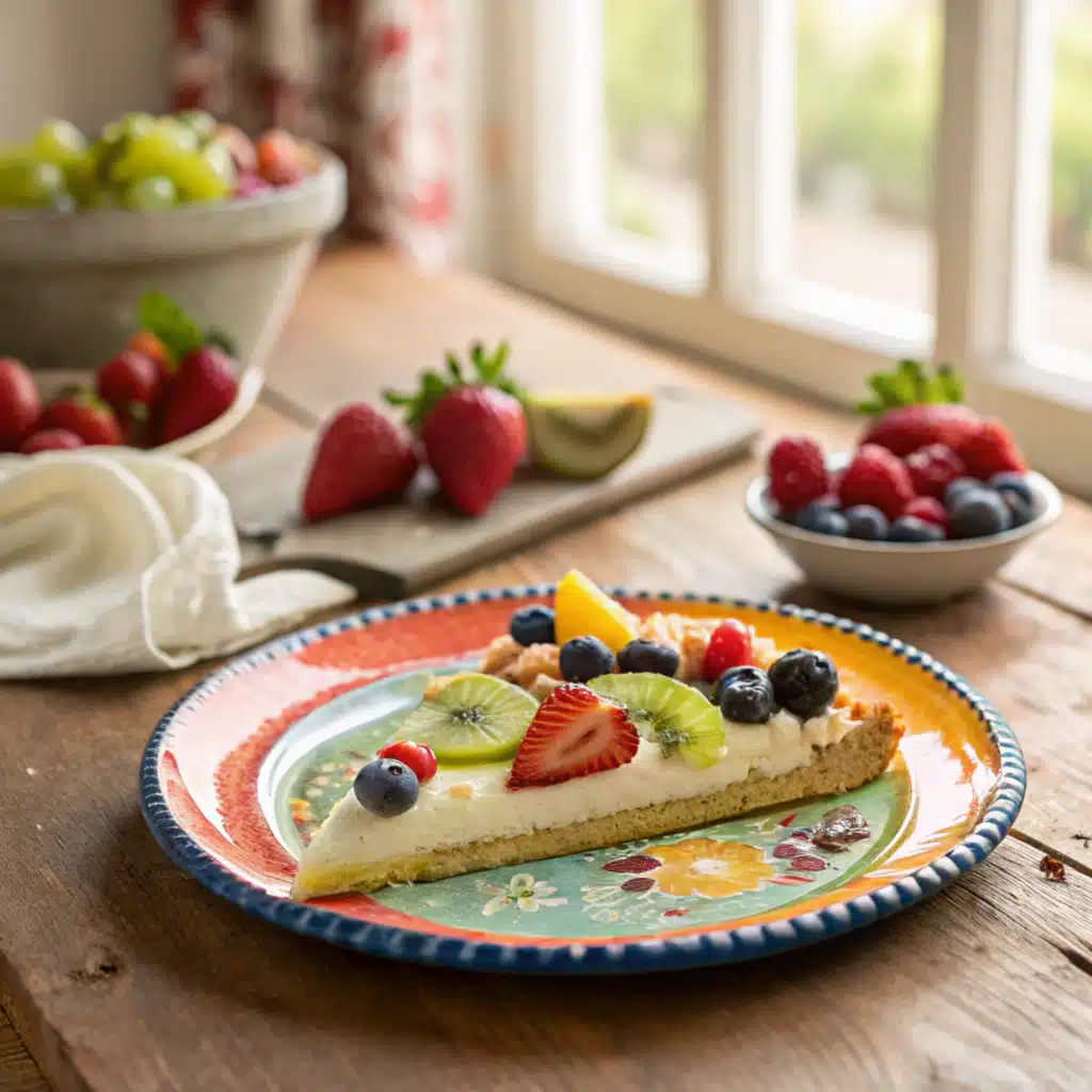 Sliced fruit pizza recipe served on plates