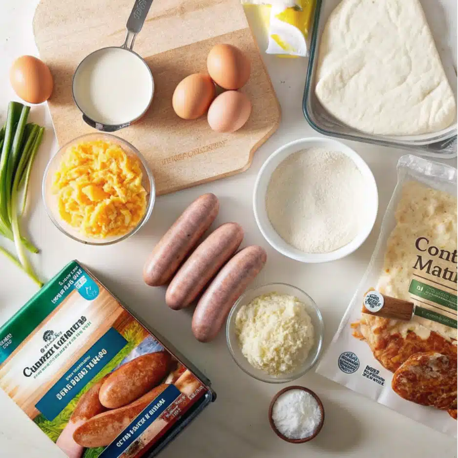 Breakfast pizza recipe ingredients laid out on a wooden table