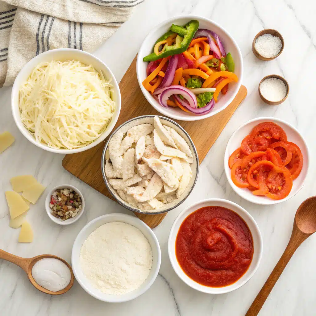 Ingredients for protein pizza recipe including Greek yogurt, flour, chicken, cheese, and vegetables