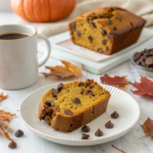 Slice of Pumpkin Chocolate Chip Bread served on a plate with coffee