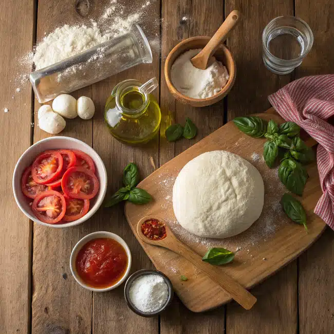 Ingredients for an Italian pizza recipe including flour, olive oil, tomatoes, and cheese