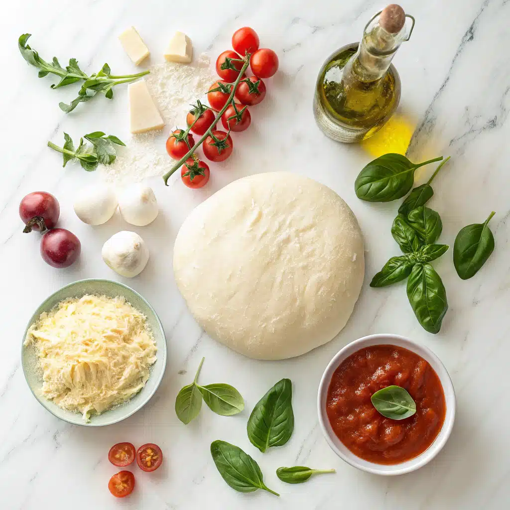 Sheet pan pizza recipe ingredients displayed on a countertop