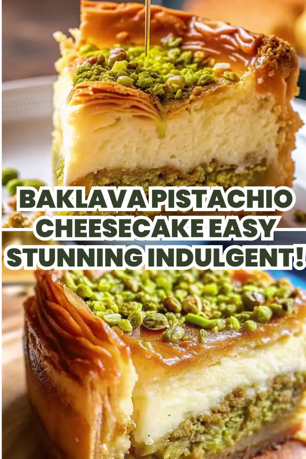 Baklava Pistachio Cheesecake on a white cake stand with golden crispy baklava topping chopped pistachios and honey drizzle on a white marble surface