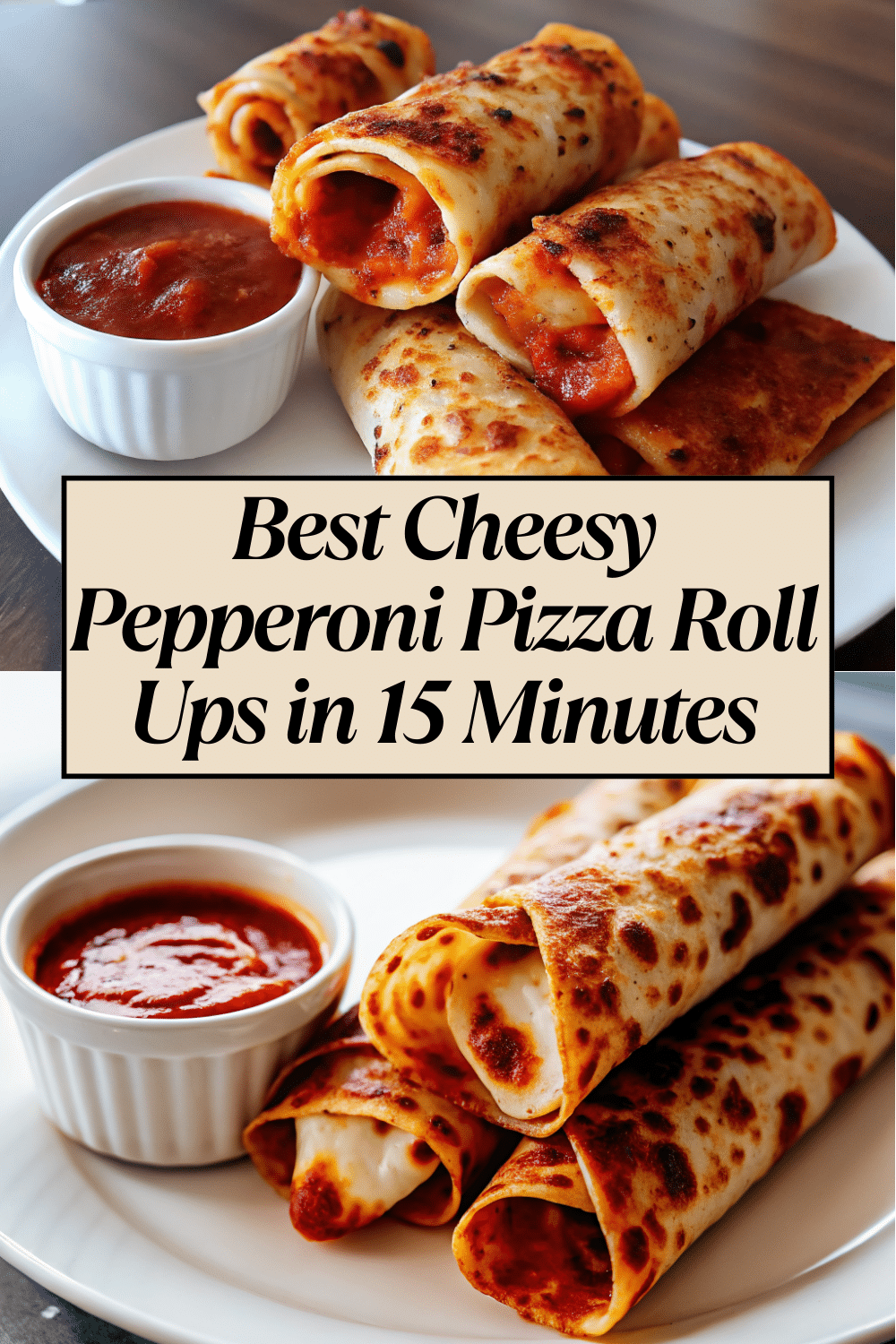 Cheesy Pepperoni Pizza Roll Ups sliced to show melted mozzarella and pepperoni inside the golden toasted tortilla on a white marble surface with marinara dipping sauce