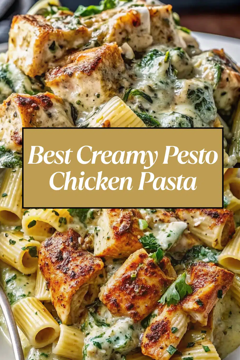 Creamy Pesto Chicken Pasta Bake with golden bubbling mozzarella and pesto cream sauce in a white baking dish on a white marble surface