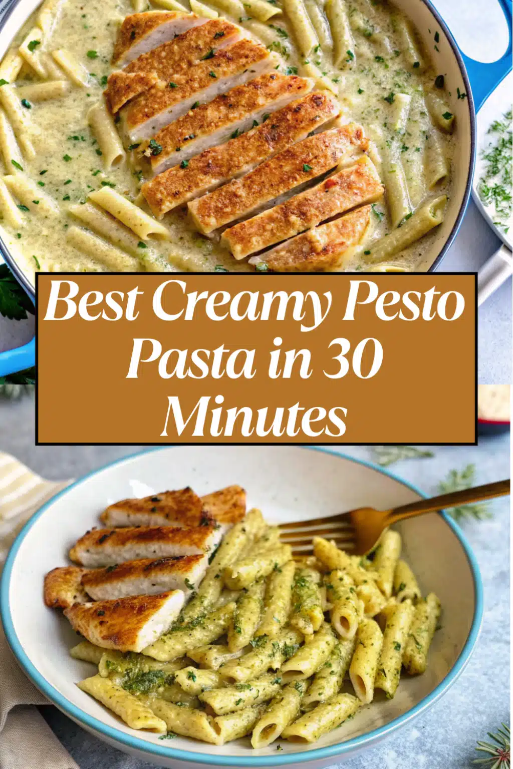 Creamy Pesto Sauce Pasta with penne in rich green pesto cream sauce topped with Parmesan and fresh parsley in a white skillet on a white marble surface