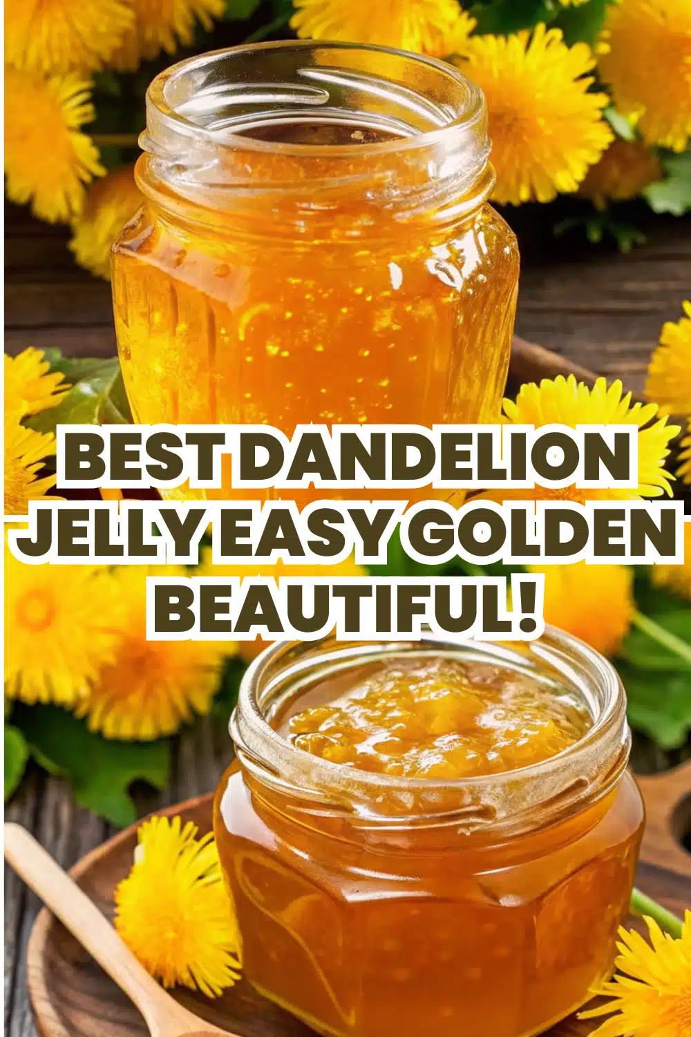 Dandelion Jelly golden and gleaming in a glass jar with fresh yellow dandelion flowers and a slice of toast spread with the jelly on a white marble surface