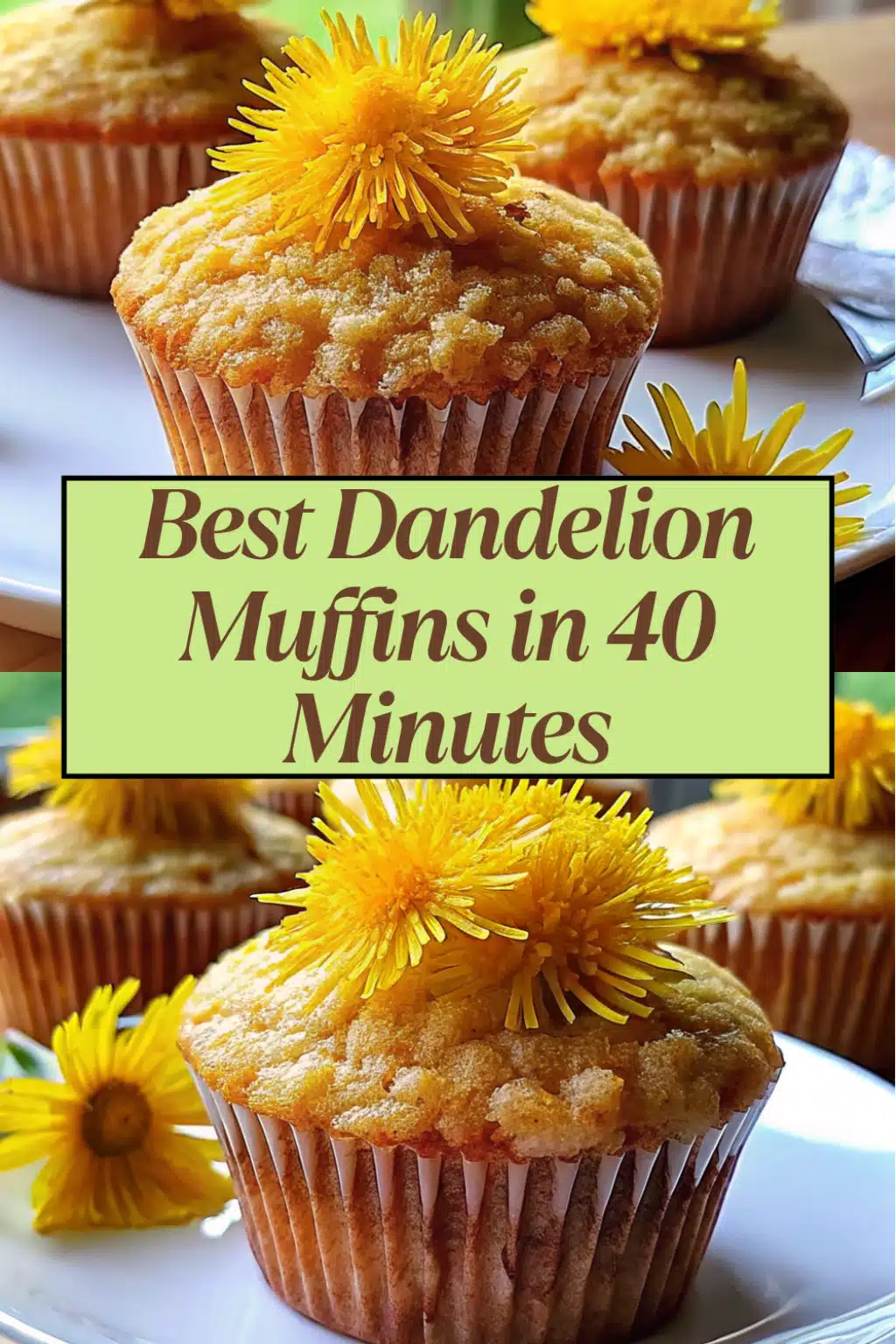 Dandelion Muffins with golden caramelized tops and visible yellow dandelion petals on a white marble surface surrounded by fresh dandelion flowers
