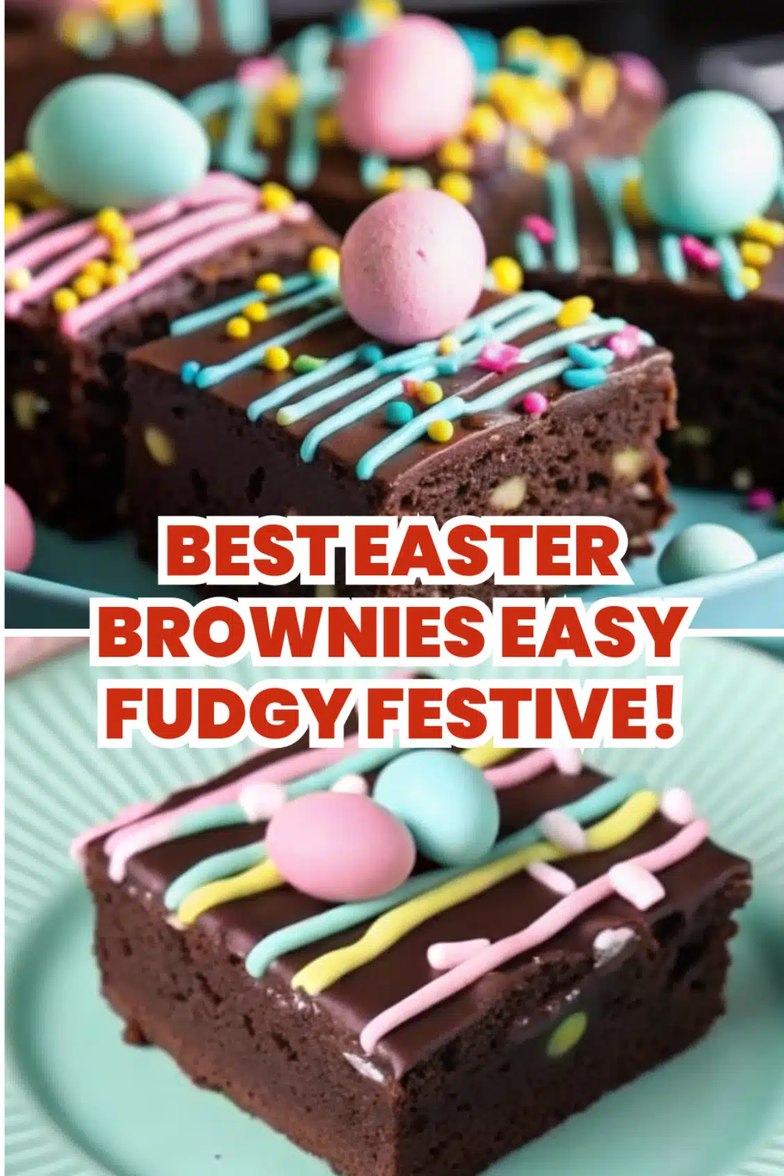 Easter Brownies with smooth chocolate topping pastel colored white chocolate drizzle colorful sprinkles and mini candy eggs on a white marble surface