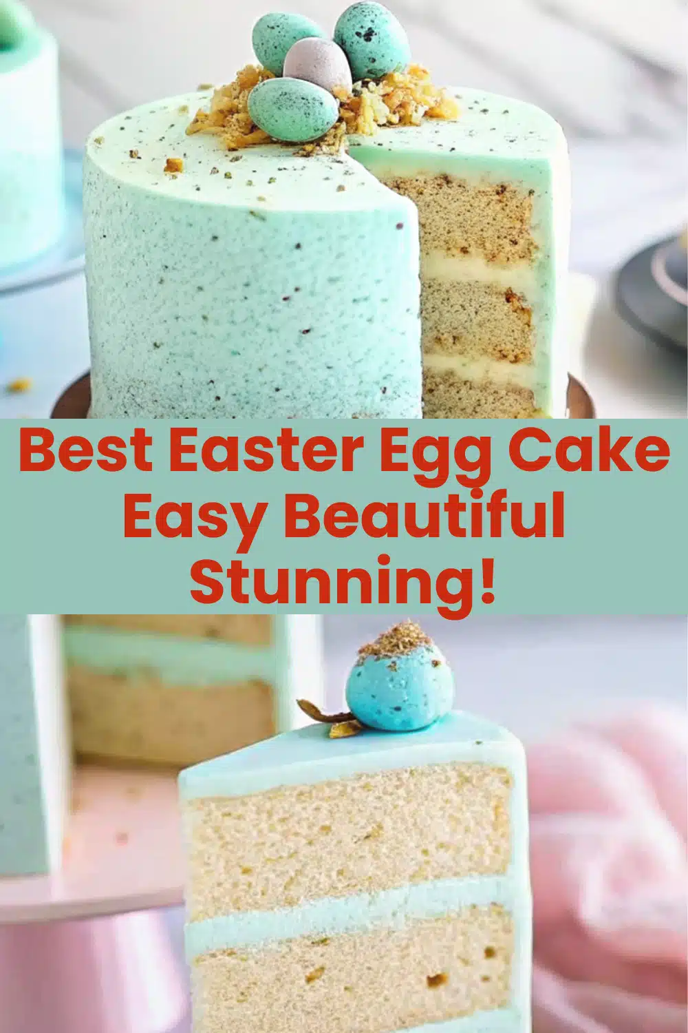 Easter Egg Cake with robin egg blue buttercream cocoa splatter and chocolate egg nest on top on a white marble surface