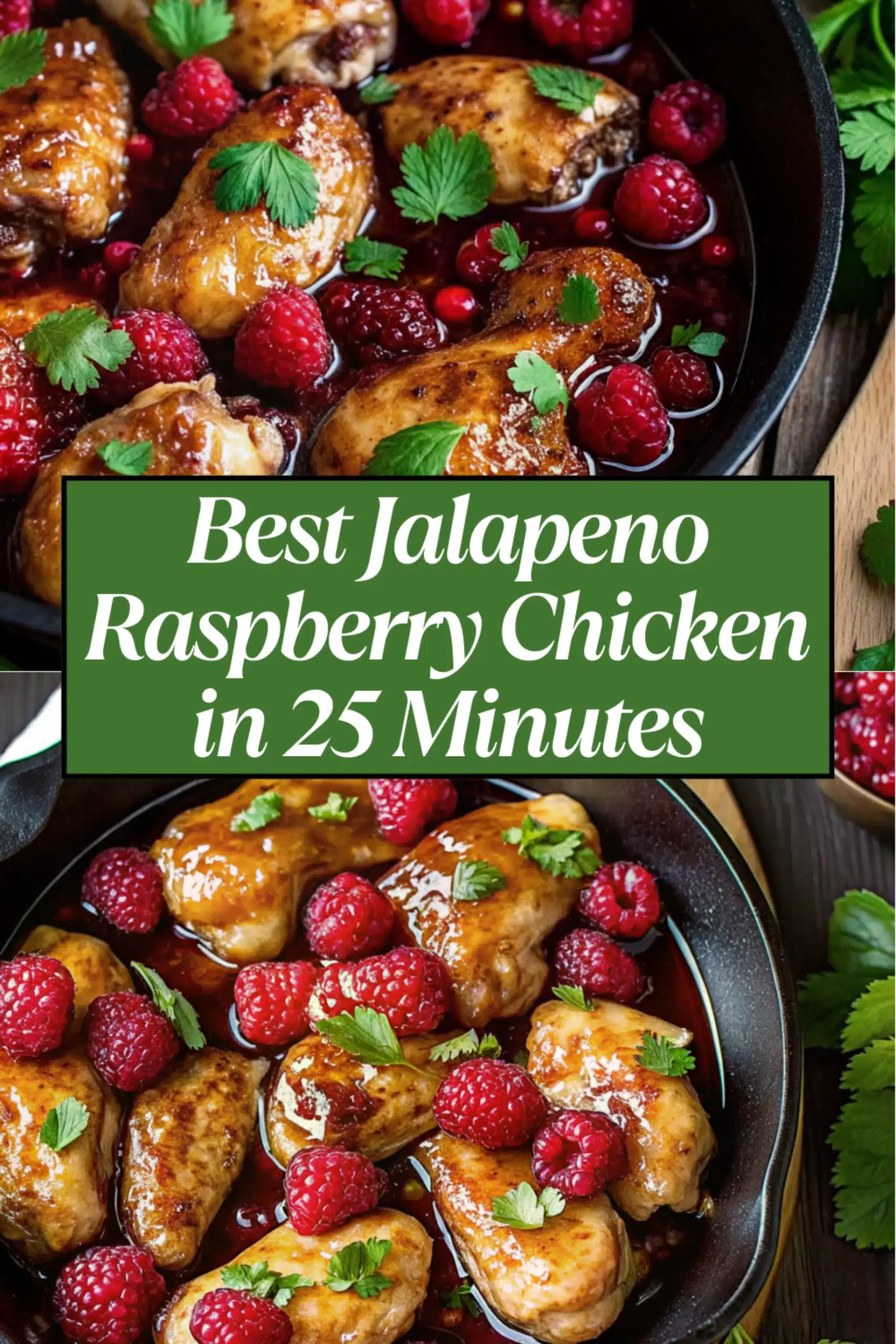 Jalapeno Raspberry Chicken thighs in glossy sweet spicy raspberry glaze with fresh raspberries and jalapeno slices in a white skillet on a white marble surface