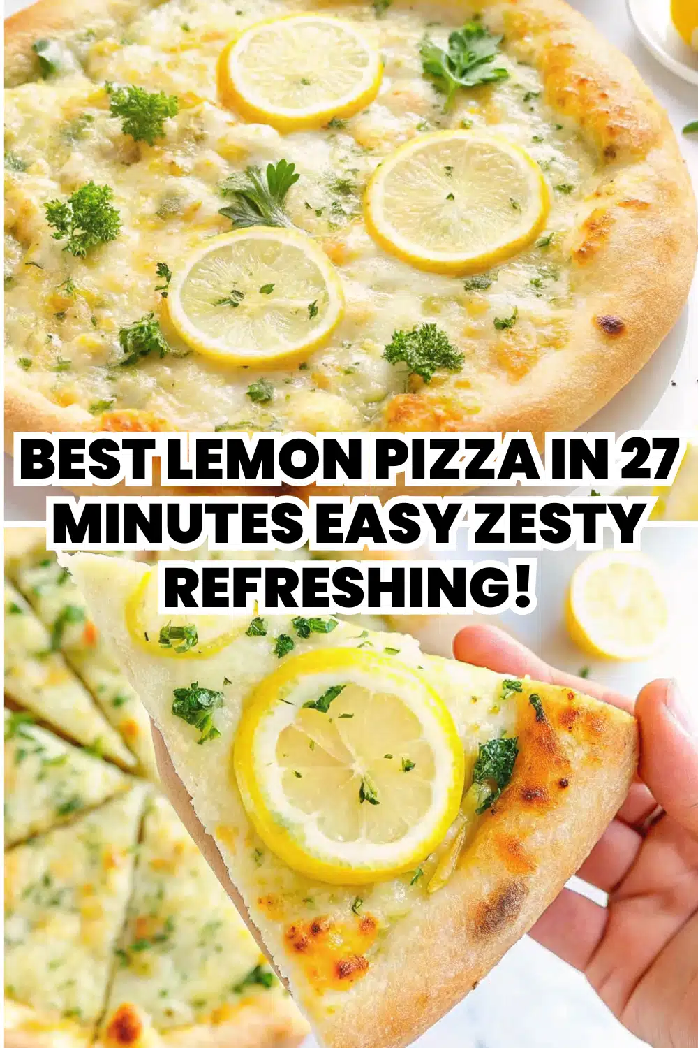 Lemon Pizza with golden blistered crust melted fresh mozzarella fresh parsley and Parmesan on a white marble surface