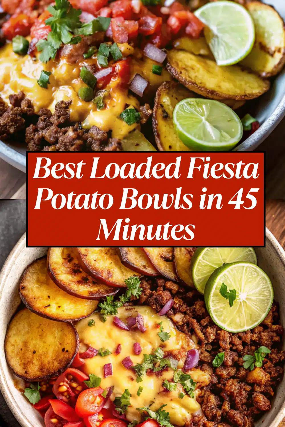 Loaded Fiesta Potato Bowls with crispy roasted potatoes seasoned taco beef melted cheese sour cream salsa and cilantro in a white bowl on a white marble surface