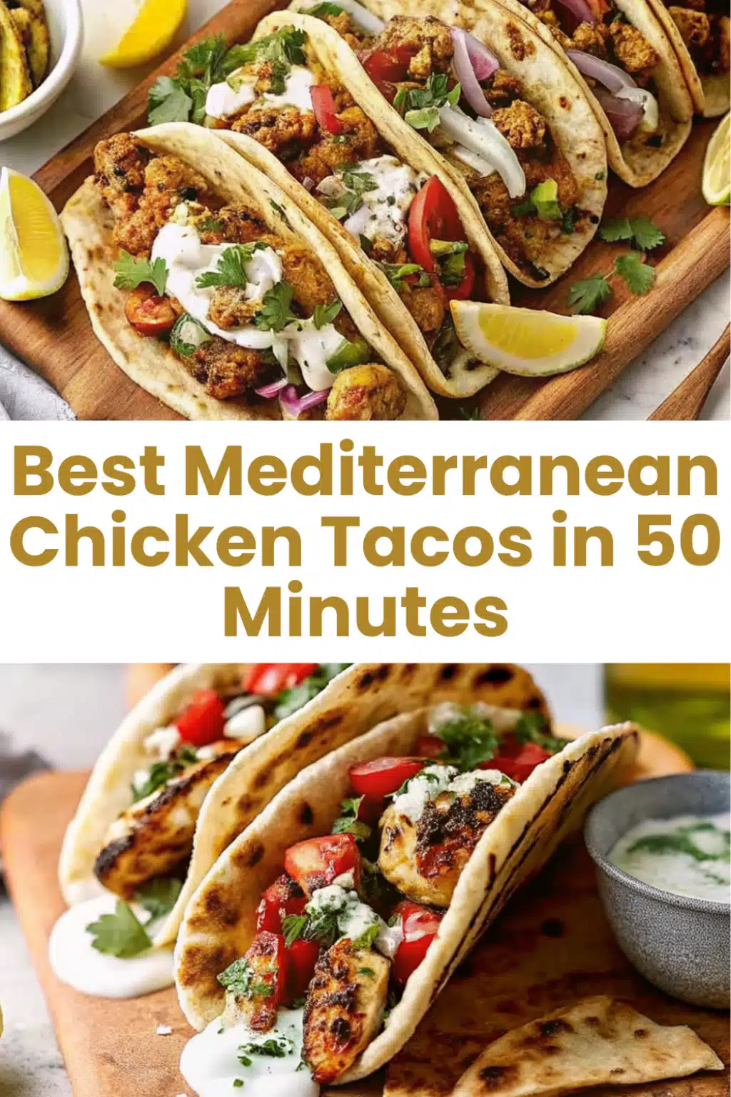 Mediterranean Chicken Tacos in warm pita with golden seared chicken fresh vegetable salsa crumbled feta and tzatziki on a white marble surface