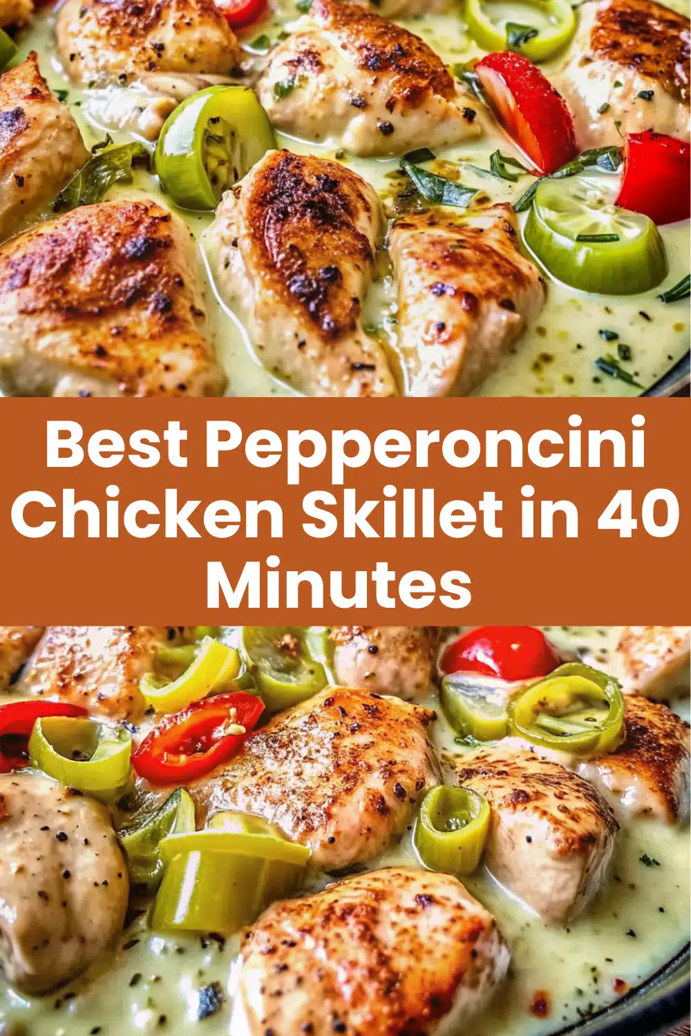 Pepperoncini Chicken Skillet with golden seared chicken in creamy tangy pepperoncini sauce and fresh parsley in a white skillet on a white marble surface