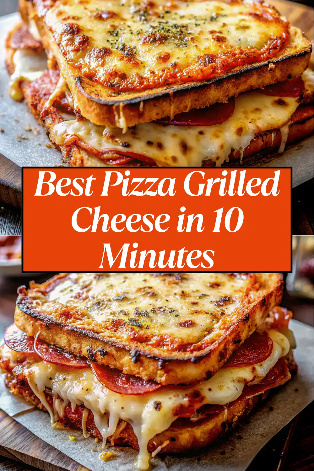 Pizza Grilled Cheese sandwich sliced diagonally showing melted mozzarella cheese pull marinara and pepperoni on a white marble surface
