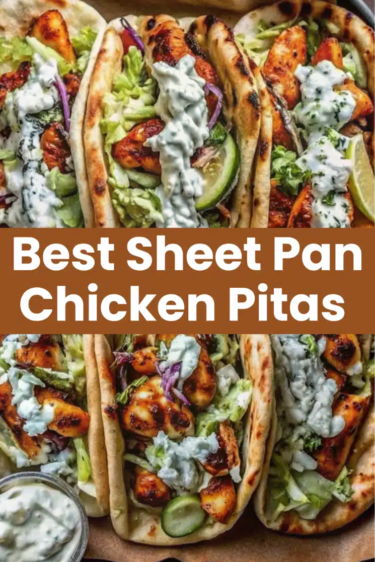 Sheet Pan Chicken Pitas with smoky roasted chicken and colorful caramelized vegetables in warm pitas drizzled with creamy herby ranch and fresh herbs on a white marble surface