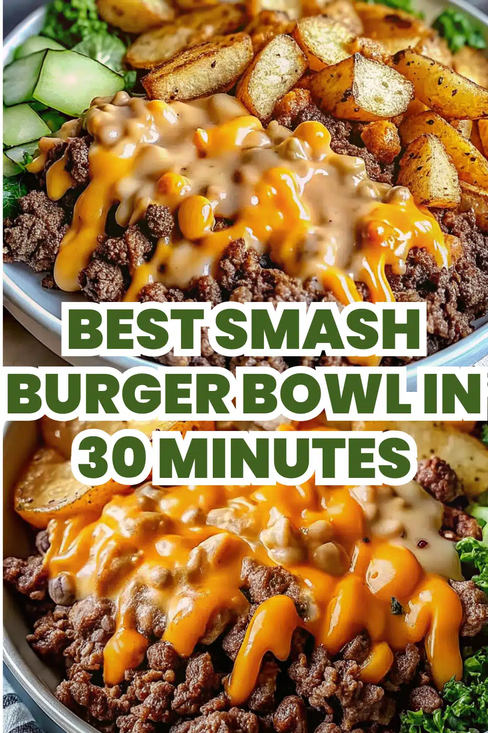 Smash Burger Bowl with crispy caramelized ground beef melted cheese caramelized onions crispy potatoes and Cajun special sauce drizzle in a white bowl on a white marble surface