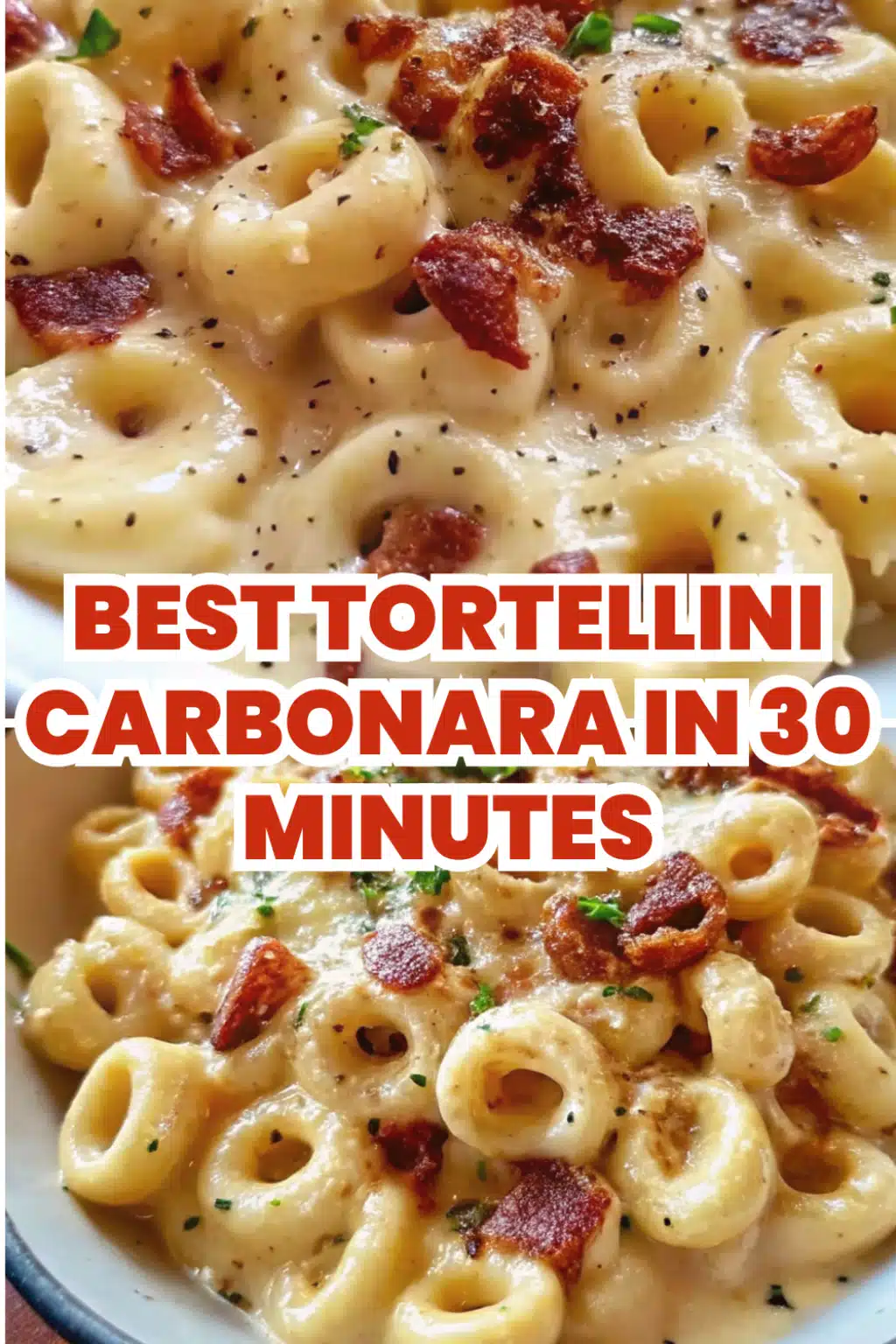 Tortellini Carbonara with cheese-stuffed tortellini in silky egg Parmesan sauce crispy pancetta and black pepper in a white bowl on a white marble surface