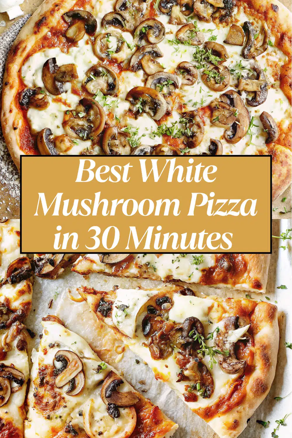 White Mushroom Pizza with melted fresh mozzarella creamy ricotta and golden sautéed cremini mushrooms on a golden cornmeal crust on a white marble surface