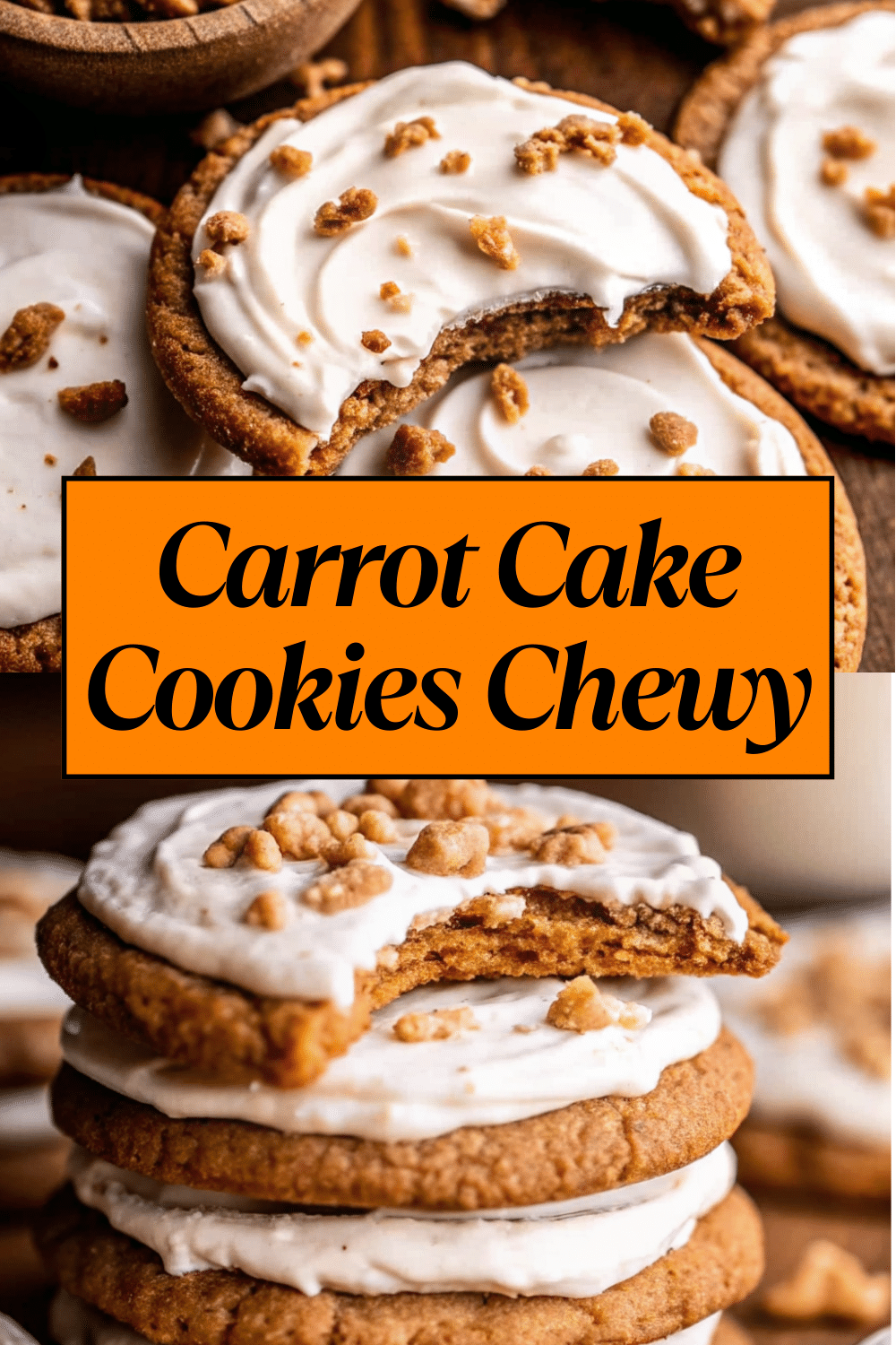 Carrot Cake Cookies with cream cheese frosting and chopped walnuts on a rustic wooden board on a white linen surface