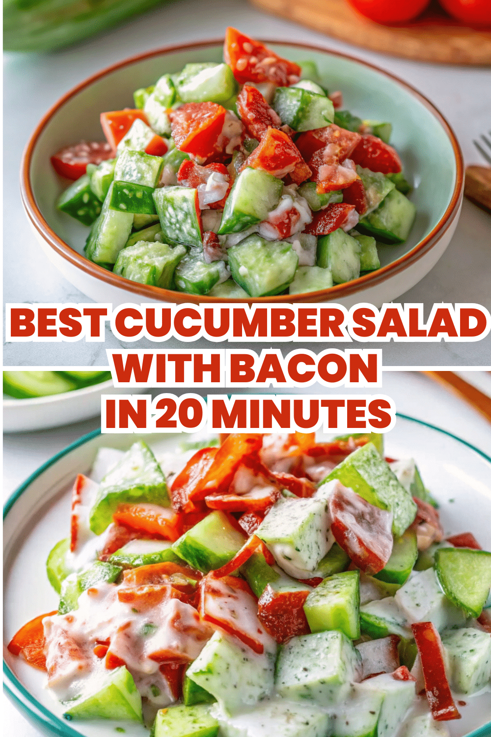 Cucumber Salad with Bacon showing spiralized cucumber and tomatoes in creamy ranch dressing topped with crumbled crispy bacon in a white bowl on a white marble surface