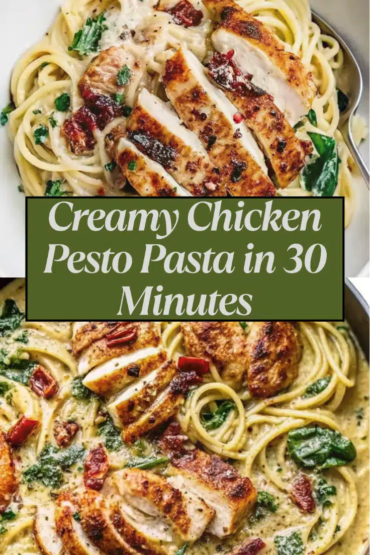 Creamy Chicken Pesto Pasta with golden chicken spinach sun-dried tomatoes and Parmesan in silky pesto cream sauce in a white skillet on a white marble surface