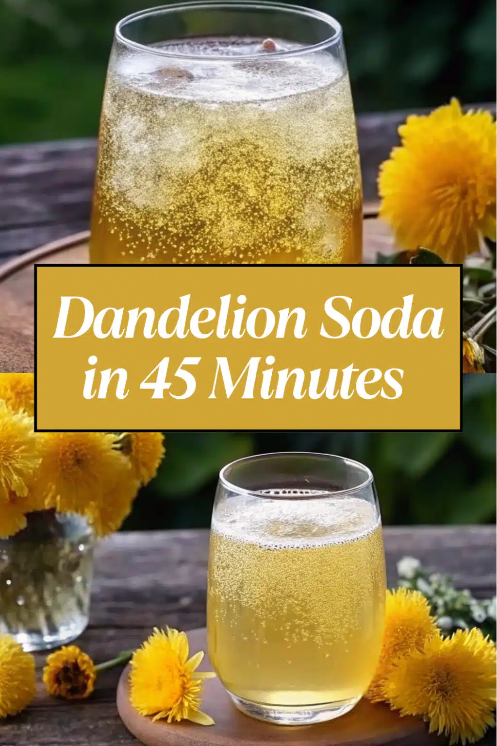 Dandelion Soda golden sparkling and bubbly in a clear glass with fresh yellow dandelion flowers and lemon slices on a white marble surface