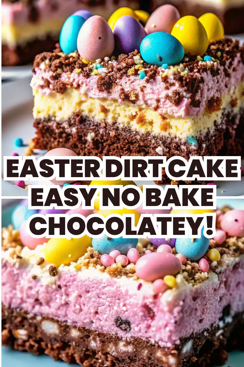 Easter Dirt Cake in a glass casserole dish with crushed Oreo crumb topping candy coated chocolate eggs and gummy worms on a white marble surface