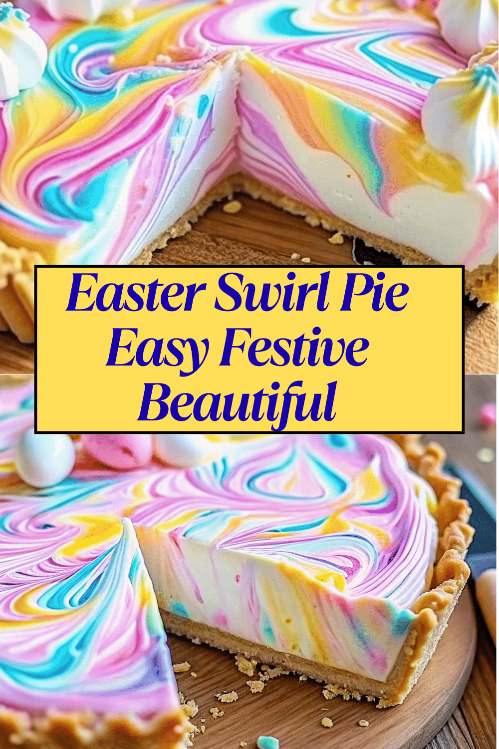 Easter Swirl Pie with pastel pink blue yellow and lavender cream cheese swirls in a graham cracker crust topped with whipped cream and Easter sprinkles on a white marble surface
