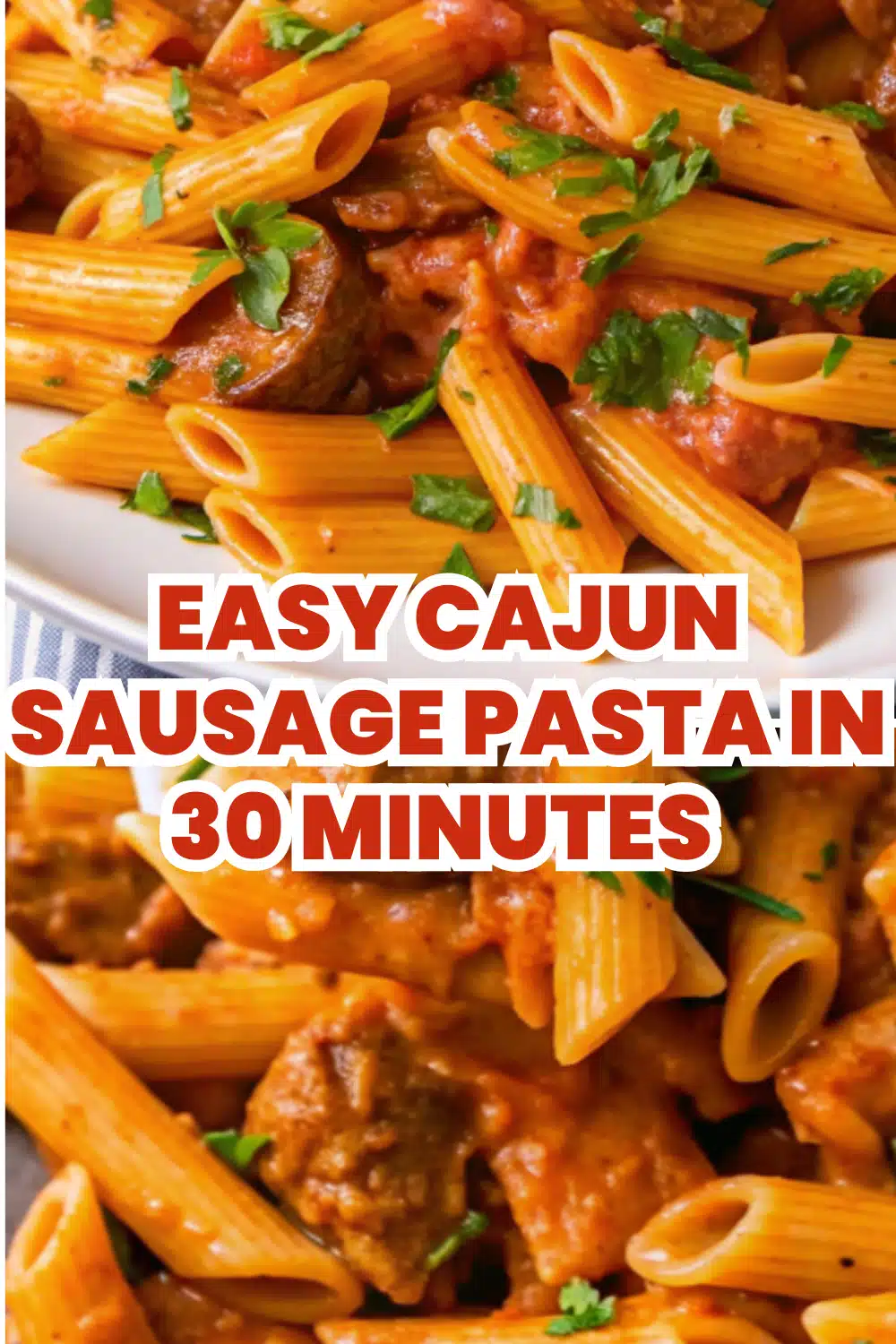Cajun Sausage Pasta with smoky sausage rounds colorful bell peppers and creamy Parmesan sauce in a large white skillet on a white marble surface