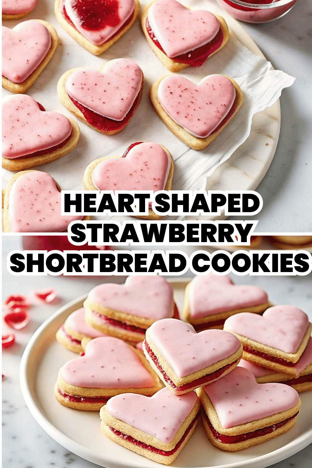 Heart Shaped Strawberry Shortbread Cookies with pink strawberry glaze and jam filling on a white plate on a white linen surface