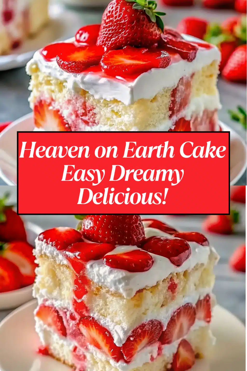Heaven on Earth Cake in a white baking dish with Cool Whip topping and ruby red strawberry filling pools on a white marble surface