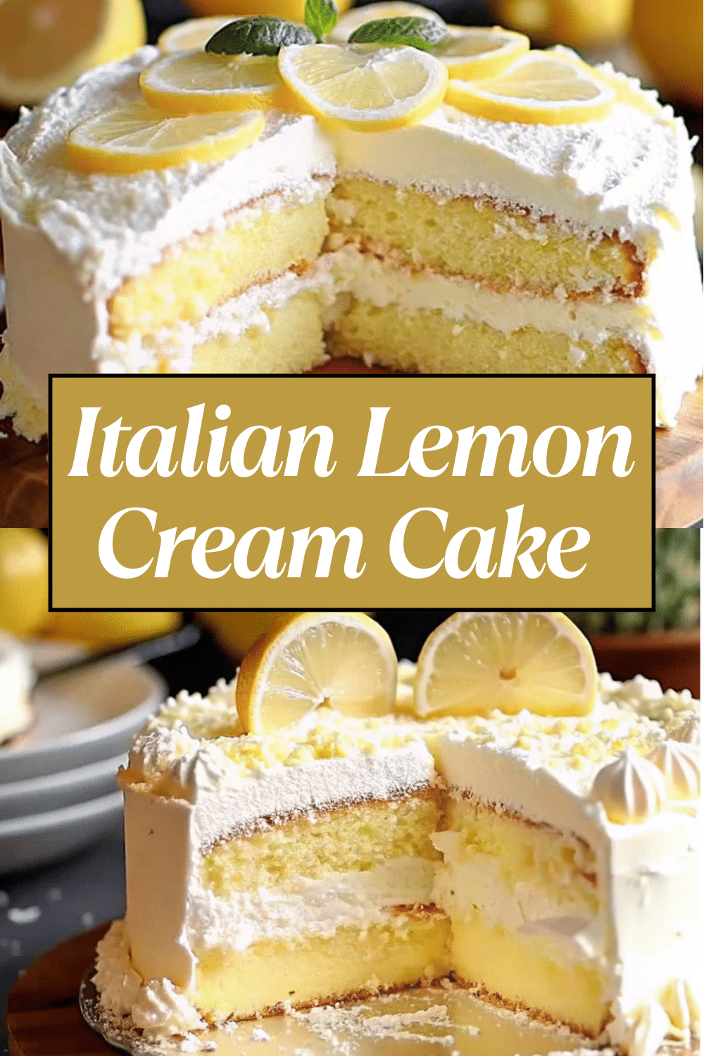Italian Lemon Cream Cake on a white cake stand with vanilla whipped cream topping and fresh lemon zest garnish on a white marble surface