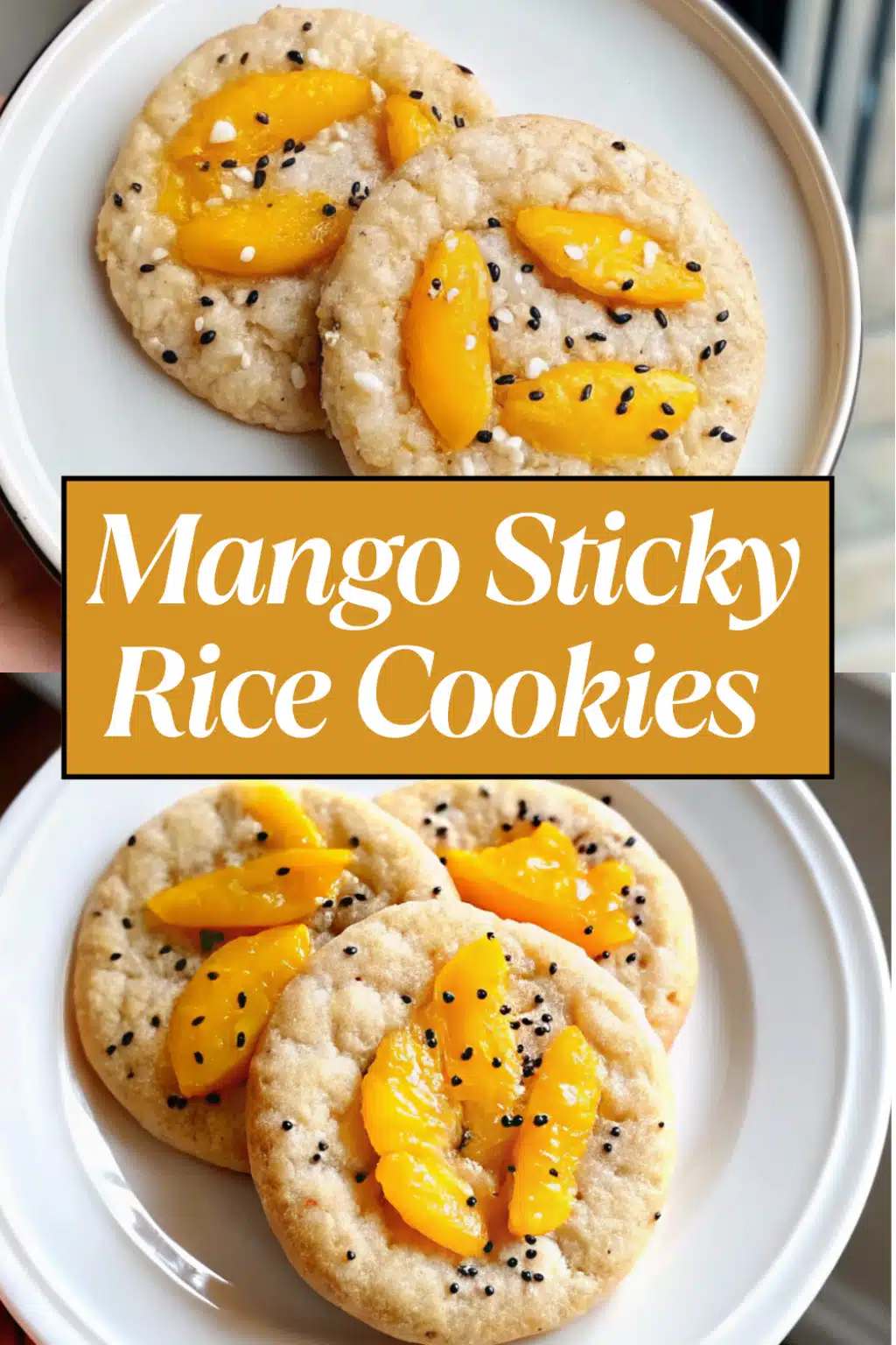 Mango Sticky Rice Cookies with visible mango jam swirls black sesame seeds and flaky sea salt on a white marble surface surrounded by fresh mango slices