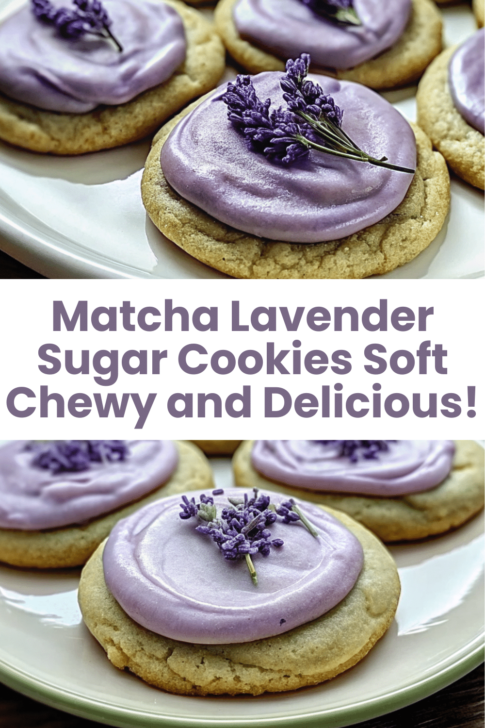 Matcha Lavender Sugar Cookies with pastel purple lavender frosting on a white marble board surrounded by dried lavender sprigs