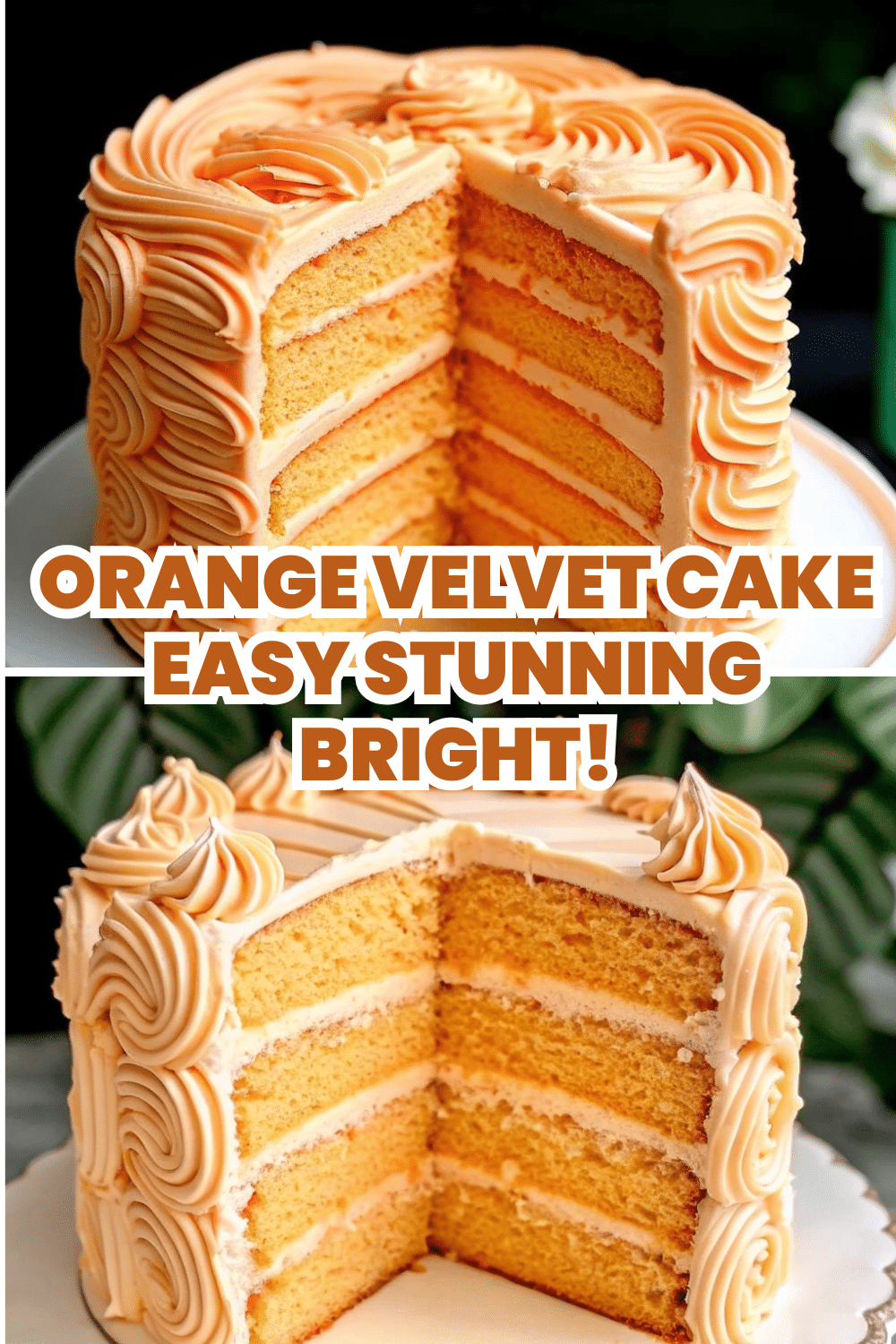 Orange Velvet Cake on a white cake stand with vibrant orange cream cheese frosting and fresh orange zest garnish on a white marble surface