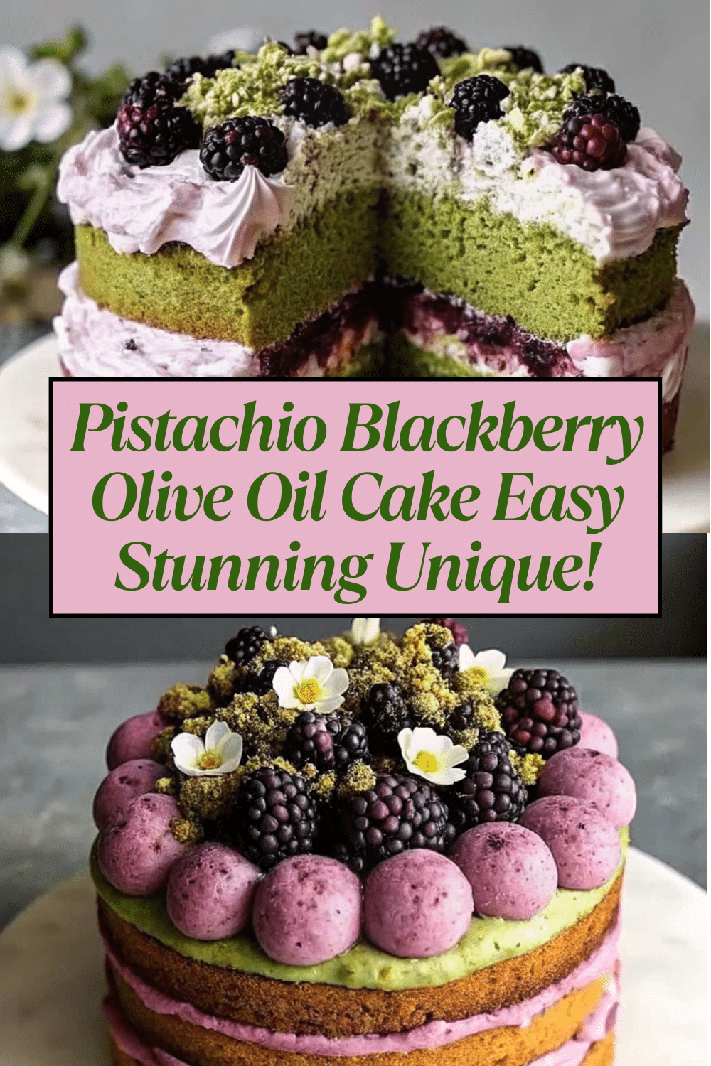 Pistachio and Blackberry Olive Oil Cake on a white cake stand with deep purple blackberry thyme buttercream fresh blackberries and chopped pistachios on a white marble surface